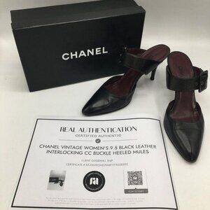 Vintage CHANEL Black Leather Interlocking CC Buckle Heeled Mules Size 39.5 Italy